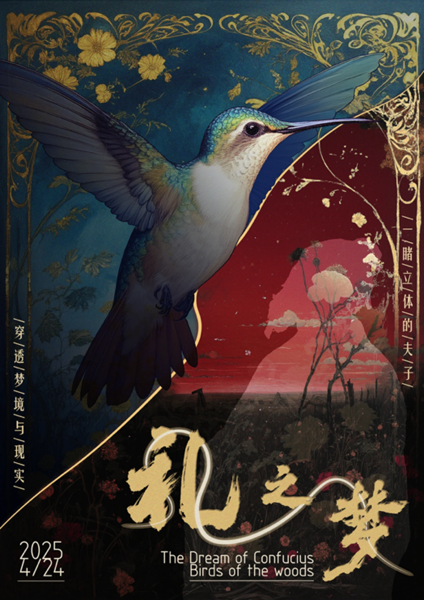 产品海报：蜂鸟与孔子剪影